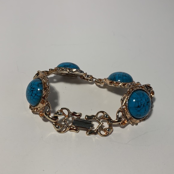 Faux Turquoise Link Bracelet Gold Tone Fold Over Clasp 7โ Bronze/Gold Tone VTG - Picture 3 of 13